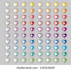 Heart shape button icon in half-folded form.Heart shape button icons of various colors.Icon for jelly and transparent border feeling.