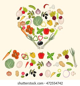Heart shape by various vegetables healthy eating food ingredients fresh vegetables collection vector
