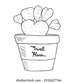 Heart shape cactus in a ceramic pot. Love plant hand drawn vector sweet home  illustration