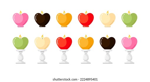 Heart shape candles with fire in candlesticks. Love symbol with burning flame. Candlesticks with spa aroma wax for relax, wedding, romantic gift on Valentines day, vector cartoon illustration