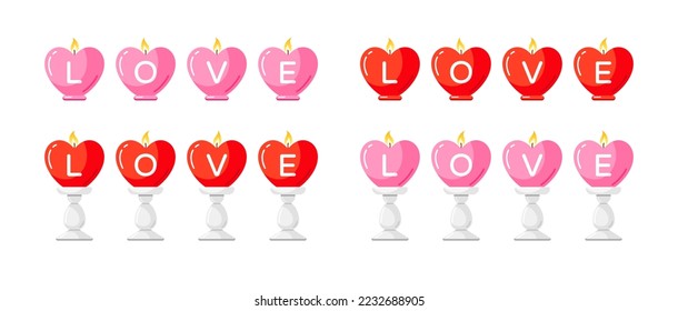Heart shape candles with fire and letters in candlesticks. Love symbol with burning flame. Candlesticks with spa aroma wax for wedding, romantic gift on Valentines day, vector cartoon illustration