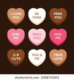 Heart shape candy elements in modern minimalist style. Cute pastel colorful illustration in flat vector cartoon style. Heart chocolate, love icon for design decoration. Happy Valentine's day