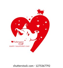 Heart shape card with two pigs in love. Vector illustration by Valentine's Day
