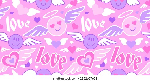 Heart shape cartoon face sticker label seamless pattern. Retro 90s pink love patch background texture. Vintage valentine's day decorative sign wallpaper illustration.