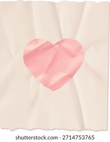 Forma de corazón centrado en papel arrugado con sombra suave y textura áspera. Símbolo de amor, romance, cuidado y ternura para saludos, bodas y temas de San Valentín. Ilustración vectorial de dibujos animados.