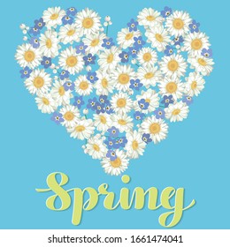 Heart shape. chamomile and forget-me-not flowers on a blue background. With calligraphic lettering Spring.