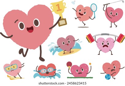 Heart shape character sport games vector set. Cute hand draw style abstract man doing exercise. Comic doodle style of athlete. Champion, Badminton, Golf, Surfing, Ski, Swim, Table, Tennis, Foot, Ball 