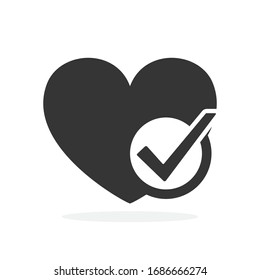 Heart Shape With Check Mark. Vector Heart Icon. Black Approved Symbol. Love Symbol - Vector.