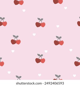  heart shape cherries with  striped leaves  and mini heart seamless pattern , vector illustration