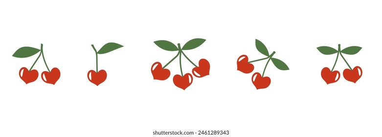 Heart shape cherry fruit with green leaves icon sign isolated on white background vector.