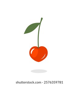Heart shape cherry fruit with green leaf on white background vector.