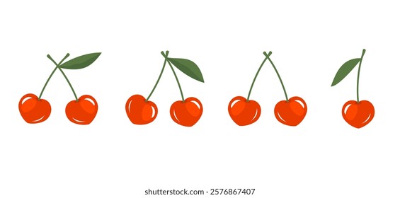 Heart shape cherry fruit with green leaves isolated on white background vector.