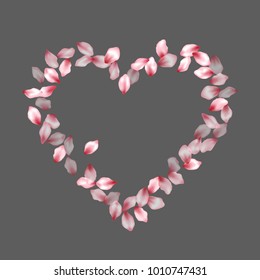 Heart shape of cherry petals flying for valentine day of love. Petals heart vector love and marriage symbol isolated on grey.  Beautiful
 element for marriage card or wedding invitation template.