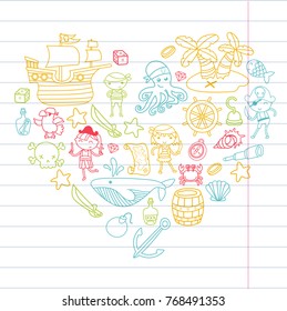 Heart shape Children playing pirates Boys and girls Kindergarten, school, preschool, halloween party Treasure island, pirate ship, crab, parrot Adventure and travel and fun