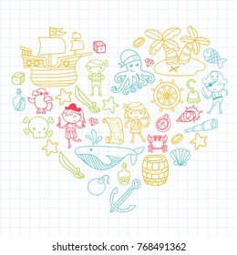 Heart shape Children playing pirates Boys and girls Kindergarten, school, preschool, halloween party Treasure island, pirate ship, crab, parrot Adventure and travel and fun