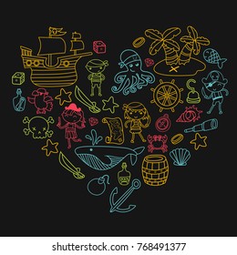 Heart shape Children playing pirates Boys and girls Kindergarten, school, preschool, halloween party Treasure island, pirate ship, crab, parrot Adventure and travel and fun