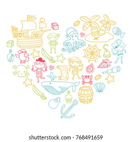 Heart shape Children playing pirates Boys and girls Kindergarten, school, preschool, halloween party Treasure island, pirate ship, crab, parrot Adventure and travel and fun