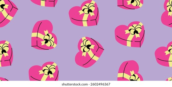 Heart shape chocolate box seamless pattern. Modern pink and purple background for Valentines, day. Romantic vector wallpaper.
