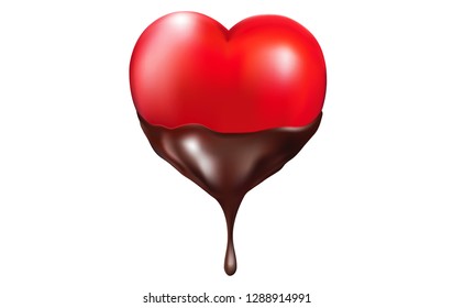 Heart shape with chocolate dripping isolated on white background. Realistic vector 3D illustration. Of free space for texts and branding.