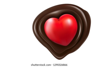 Heart shape with chocolate melting isolated on white background. Realistic vector 3D illustration. Of free space for texts and branding.
