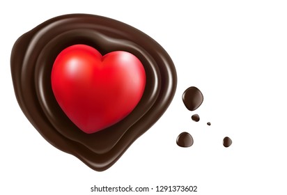 Heart shape with chocolate melting isolated on white background. Realistic vector 3D illustration.  