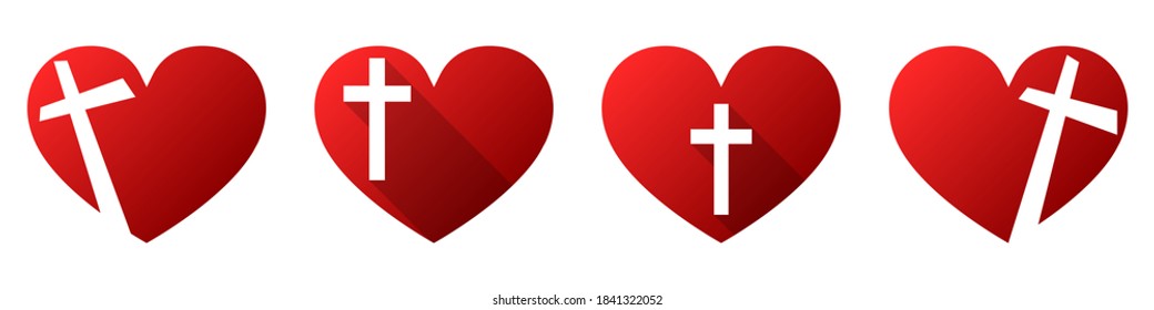 Heart shape with christian cross icon. Set of religion symbols isolated. Vector illustration. Christian cross icon. Love symbol