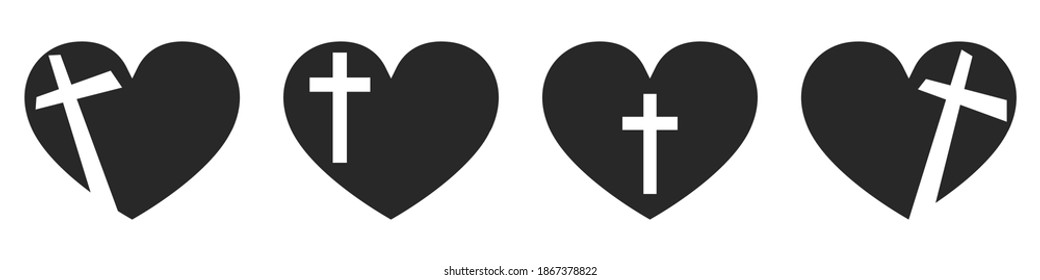 Heart shape with christian cross icon. Set of religion symbols isolated. Vector illustration. Christian cross icon. Love symbol