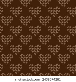 Forma del corazón de los granos de café en el concepto de diseño de patrón sin costuras de moda suave marrón