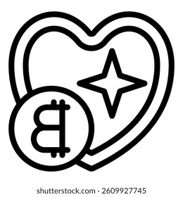Heart shape with coin line icon, finance concept. Vector graphics. Crypto money sign on white background, style mobile or design