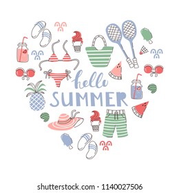 Heart Shape Collection of Beach Cute Doodle Elements  and Lettering Hello Summer.