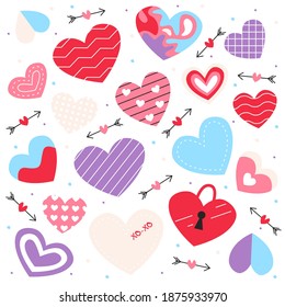 Herzform Kollektion mit unterschiedlichen Texturen. Gebrauchte Design-Elemente für Geschenkanhänger, Etiketten, Grußkarte einzeln. Dekorative Liebessymbole, schmal und dots. Lineare Vektorflache, romantische Vektorgrafik
