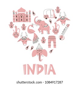 Heart Shape Collection of India Hand Drawn Elements and Lettering