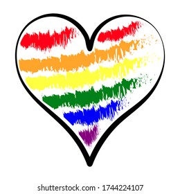Heart shape colored in the rainbow and LGBT color like a hand painted drawing pen isolated on white background. Pride and LGBT concept. Copy space for design or text. Flat vector illustration