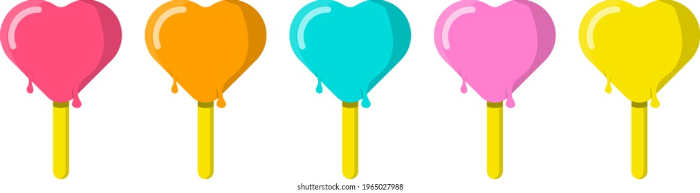 Heart shape colorful summer ice cream on popsicle vector set on white background