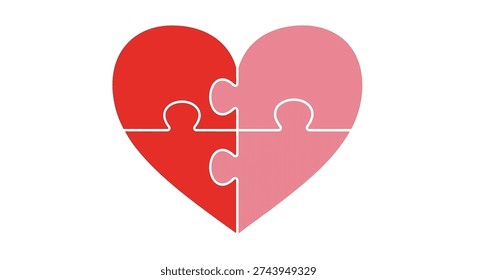 A heart shape composed of four interlocking puzzle pieces, with two pieces in red and two in pink, set against a clean white background. This graphic illustration represents connection, love, and unity.