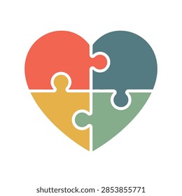 Heart shape composed of four interlocking puzzle pieces in assorted muted colors, symbolic representation of unity and connection.