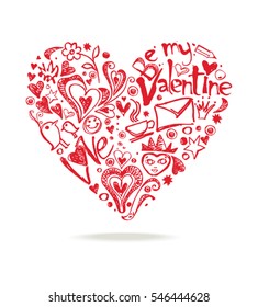 Heart Shape composed of hand drawn design romantic elements