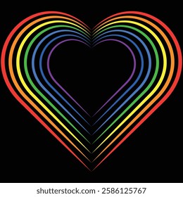 Heart shape, composed of layers in rainbow colors, representing pride flag, isolated on black background. Symbol of love, unity, inclusivity.