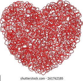 Heart Shape Composed of Many Line Art of Tiny Heart Shapes of Various Tones of Red Color.