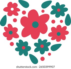 Heart shape composed red teal flowers dots leaves on floral