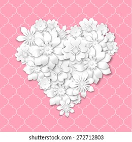 heart shape composed from white flowers with 3d effect on pink background, vector illustration, eps 10 with transparency