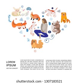 Heart shape composition with cute cartoon illustration of house pets and text frame. Girl playing with animal in the middle of composition. Vector. 