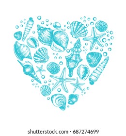 Heart shape Composition with different types mollusk sea shells, starfish and pebble. Marine Ink hand drawn elements for design. Template for cards, banners, posters. Vector illustration.