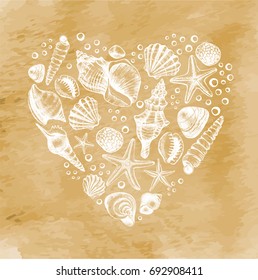 Heart shape Composition with different types mollusk sea shells, starfish and pebble. Marine Ink hand drawn elements for design. Template for cards, banners, posters. Vector illustration.