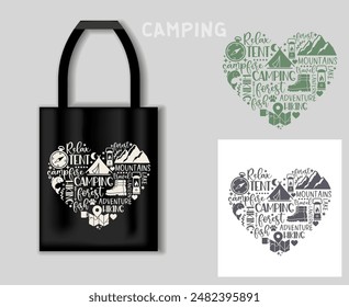 Composición de la forma del corazón de inscripciones e imágenes sobre el tema de senderismo y Ocio al aire libre. Concepto de camping con mockup tote bag