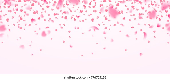 Heart shape confetti, flowers petals for Valentines day or Womens day, isolated on transparent background. Vector illustration, pink and red paper hearts, falling on white.
