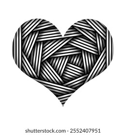Heart shape containing black and white stripes pattern on white background.