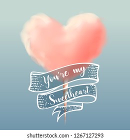 heart shape cotton candy with calligraphy vector illustration