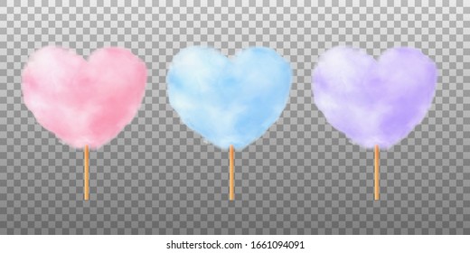 Juego de caramelos de algodón de forma cardíaca. Los caramelos de algodón rosa, de forma real, son de color púrpura azul sobre palos de madera. Aperitivos de verano para los niños. Ilustración vectorial 3d aislada en fondo transparente