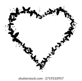 Forma de coração criada a partir de silhuetas borboleta preta sobre fundo branco. Ilustração vetorial romântica com borboletas voadoras formando símbolo de amor
